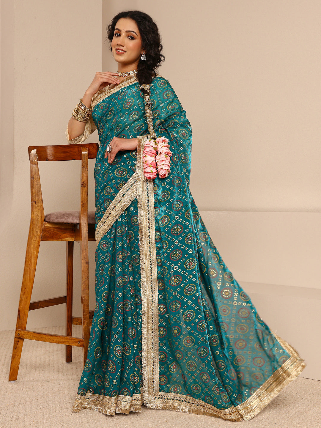  Green Bandhani Printed Silk Blend Saree With Unstitched Blouse Piece 