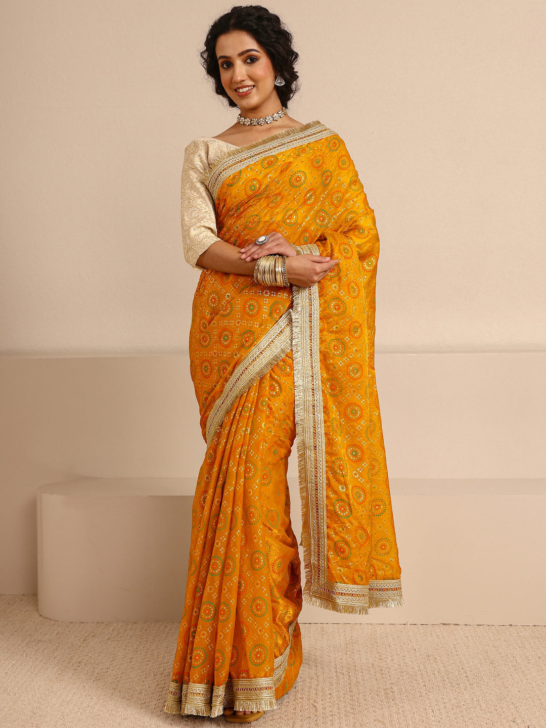  Mustard Sheen Tissue Silk Blend Saree With Unstitched Blouse Piece 