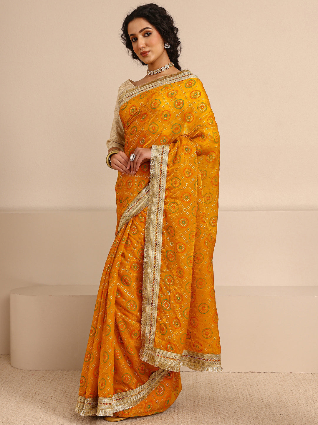  Mustard Sheen Tissue Silk Blend Saree With Unstitched Blouse Piece 