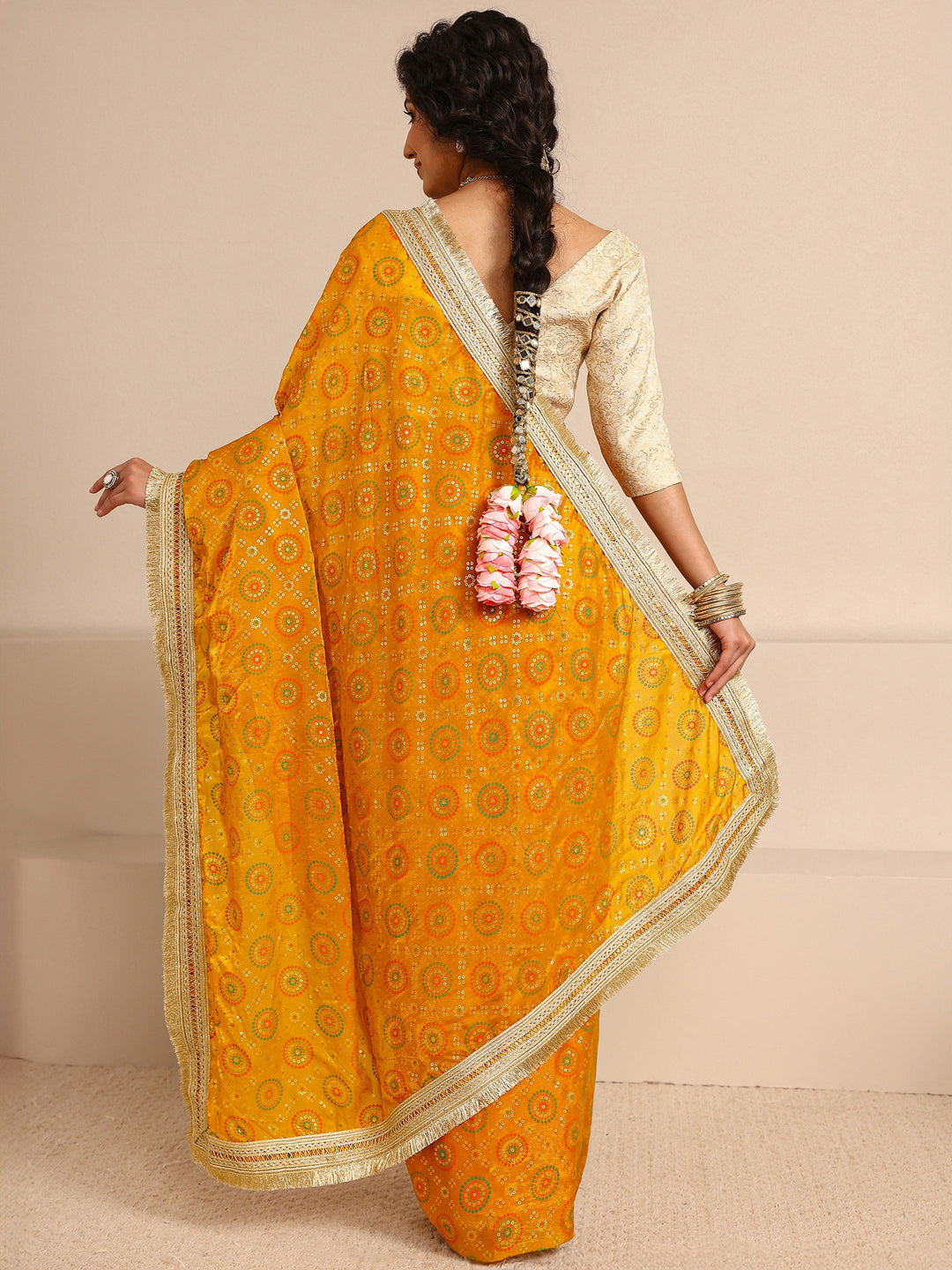  Mustard Sheen Tissue Silk Blend Saree With Unstitched Blouse Piece 