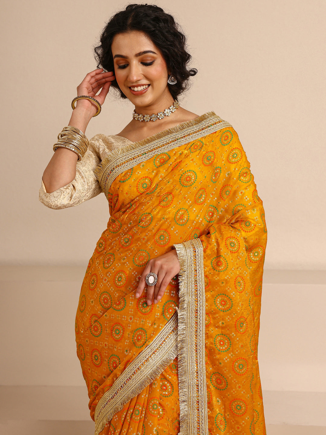  Mustard Sheen Tissue Silk Blend Saree With Unstitched Blouse Piece 