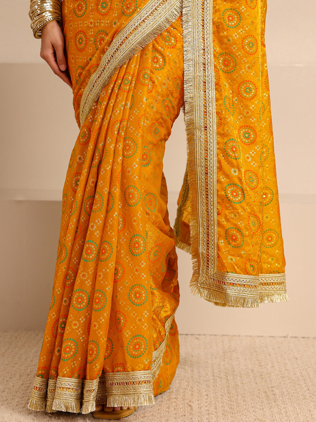  Mustard Sheen Tissue Silk Blend Saree With Unstitched Blouse Piece 