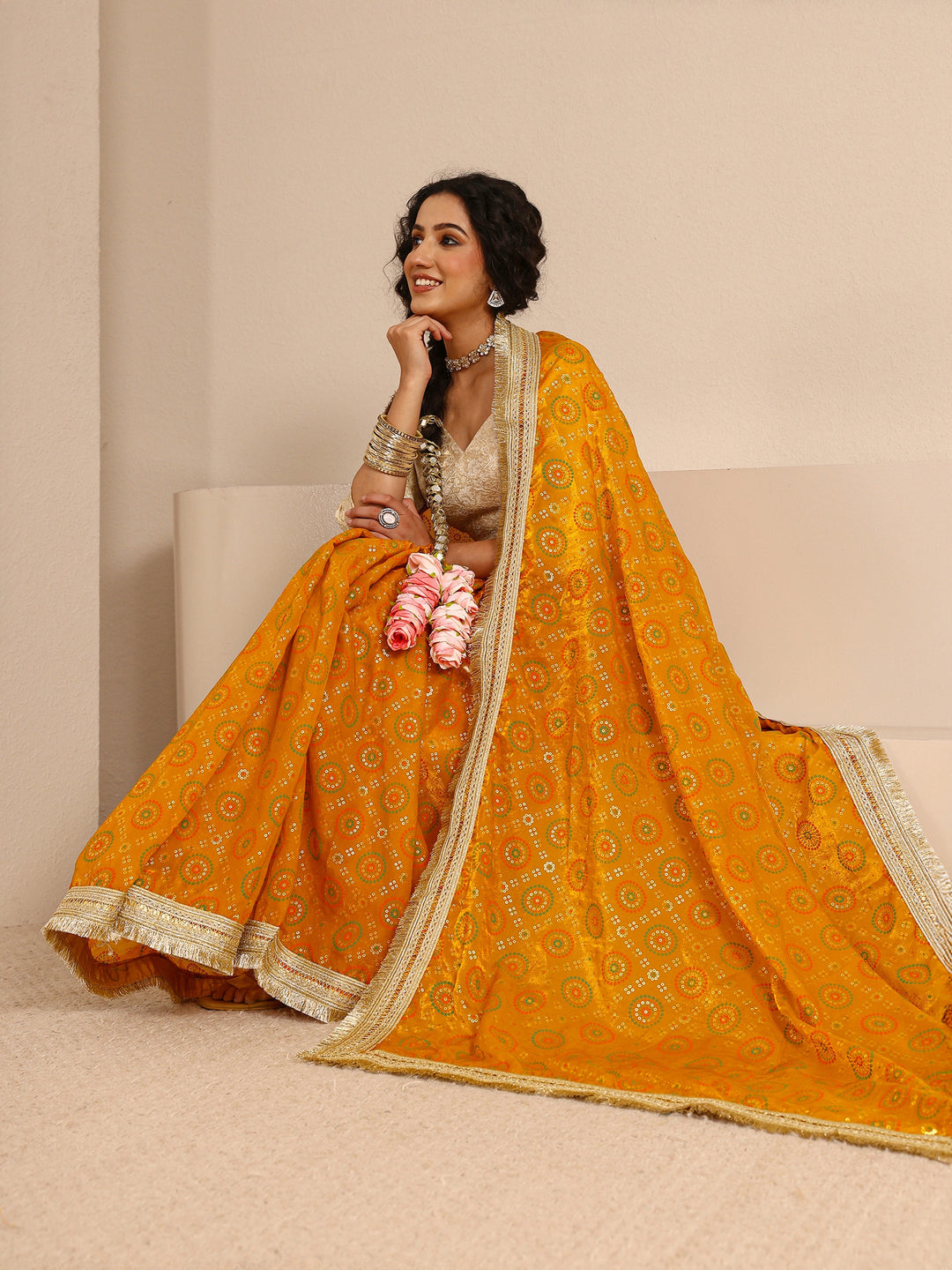  Mustard Sheen Tissue Silk Blend Saree With Unstitched Blouse Piece 