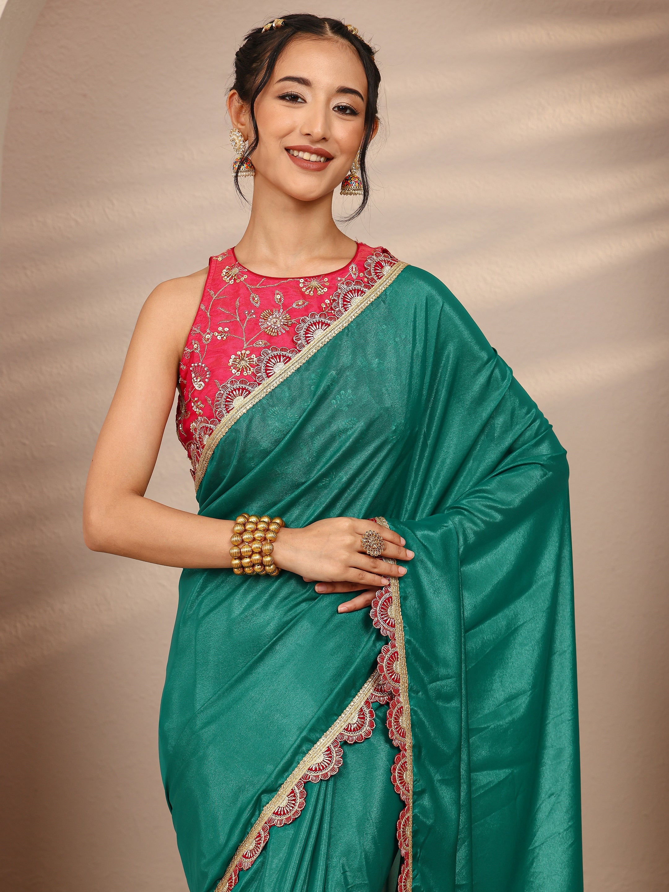 Green Solid Tissue Saree With Unstitched Blouse Piece-image-46