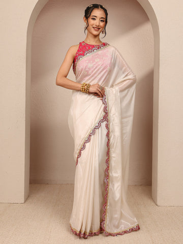 Cream Solid Tissue Saree With Unstitched Blouse Piece