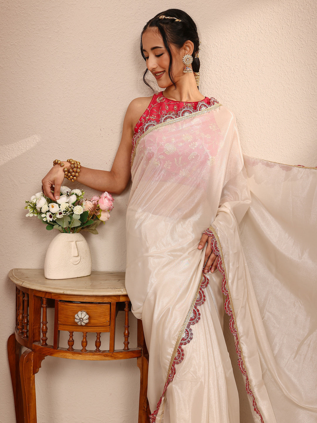  Cream Solid Tissue Saree With Unstitched Blouse Piece 