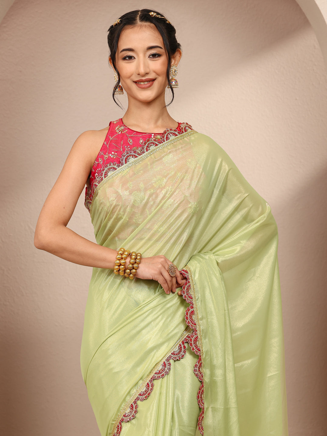  Green Solid Tissue Saree With Unstitched Blouse Piece 