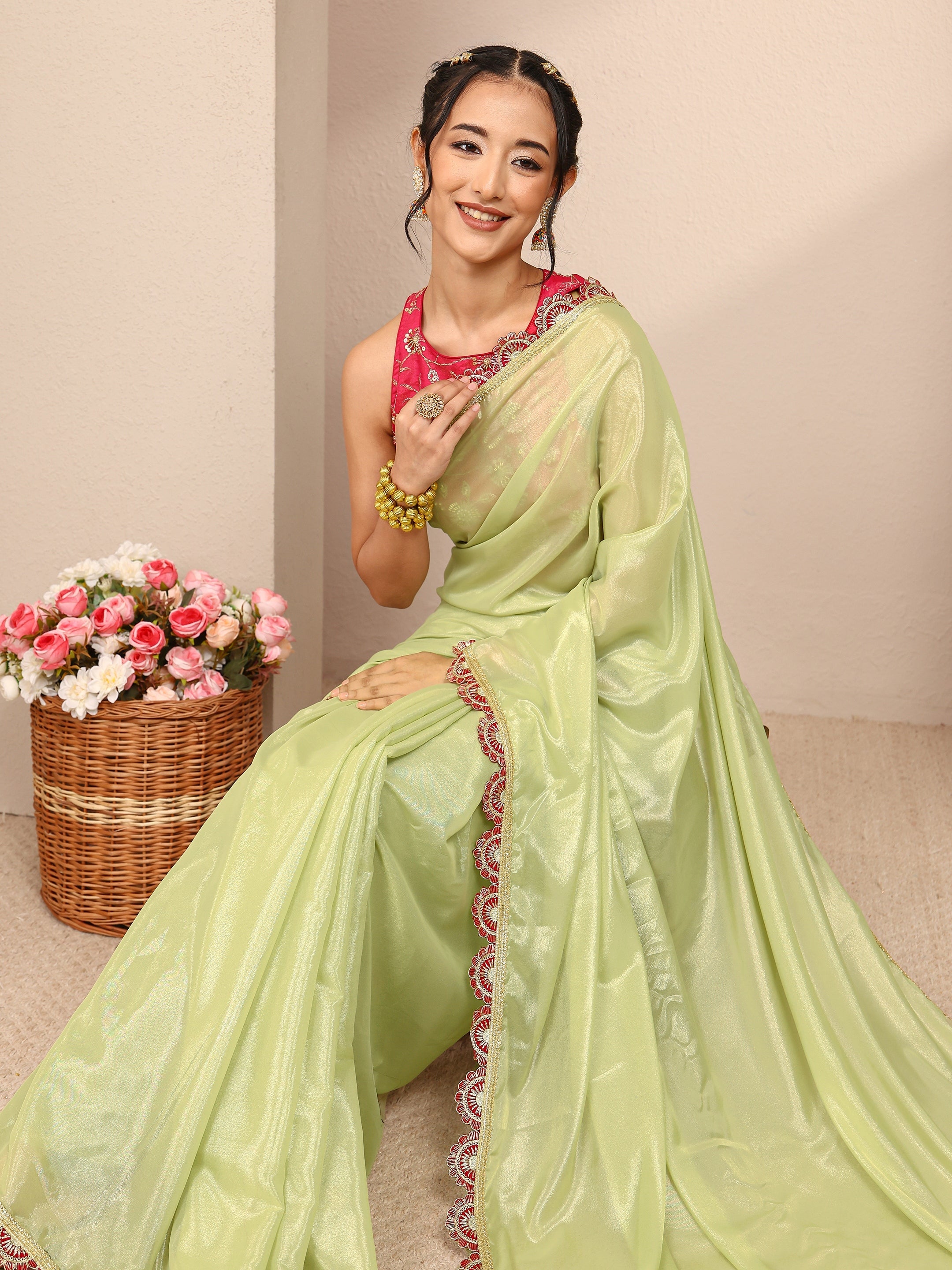libas Green Solid Tissue Saree With Unstitched Blouse Piece-picture-12