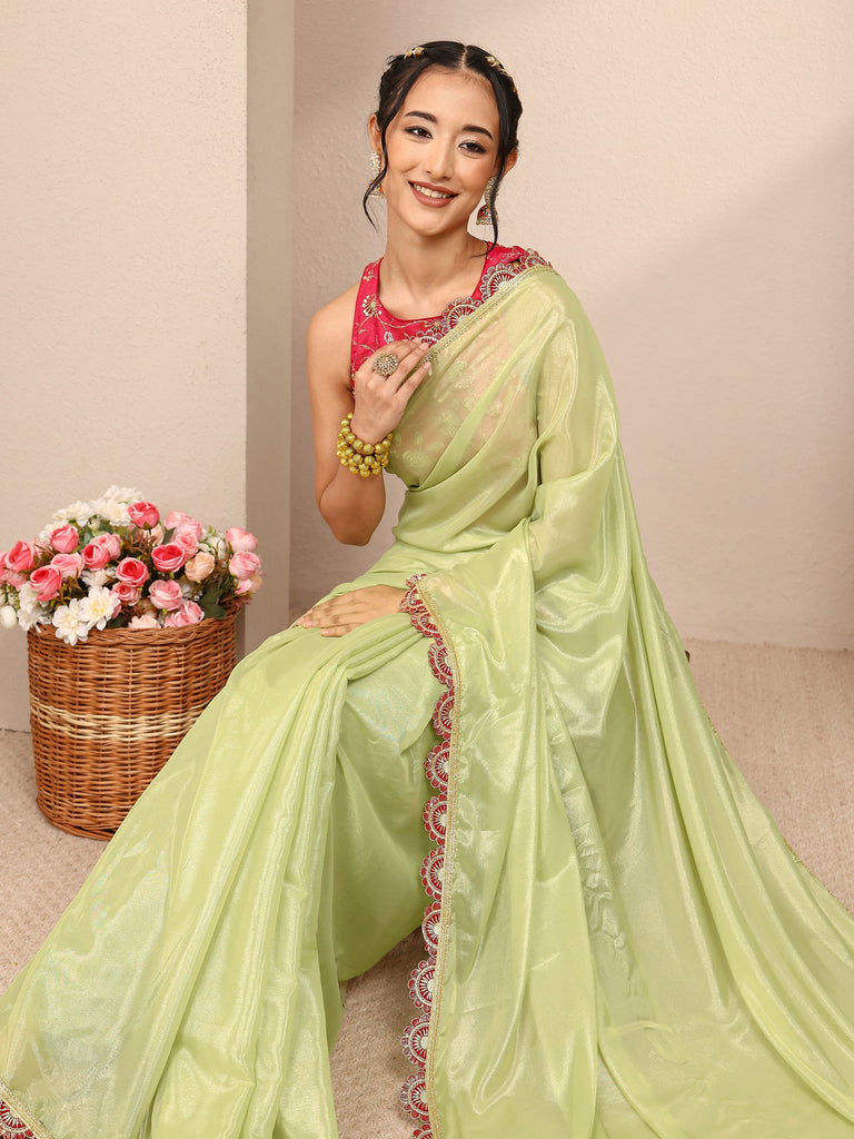 Libas Green Solid Tissue Saree With Unstitched Blouse Piece