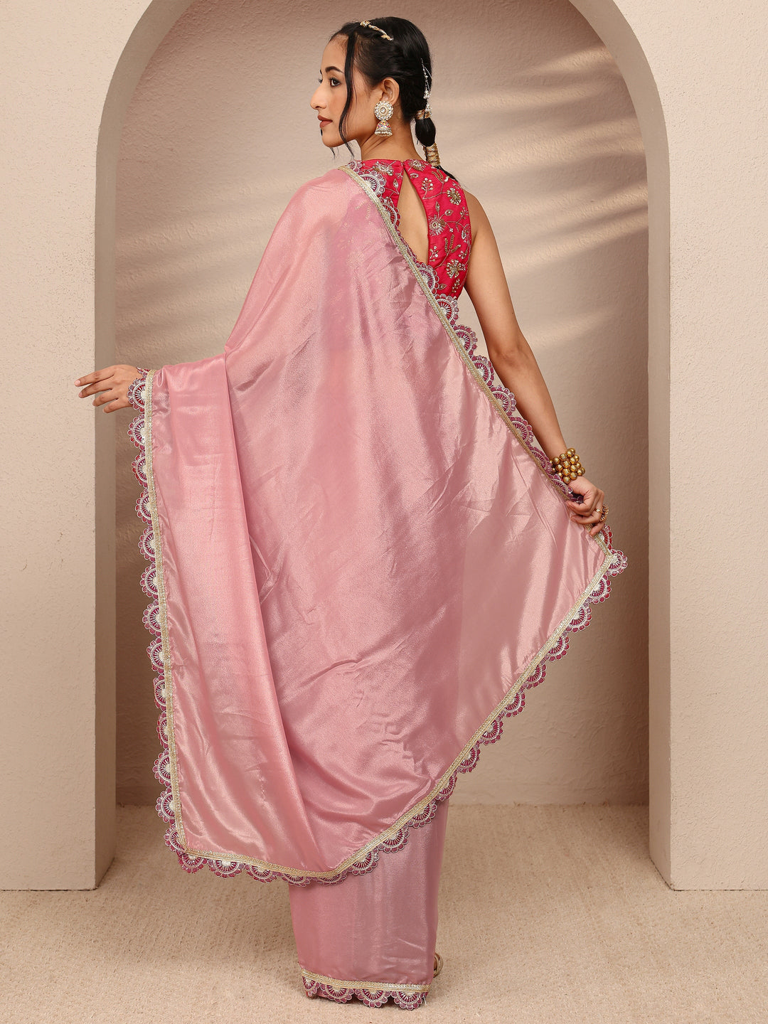  Pink Solid Tissue Saree With Unstitched Blouse Piece 