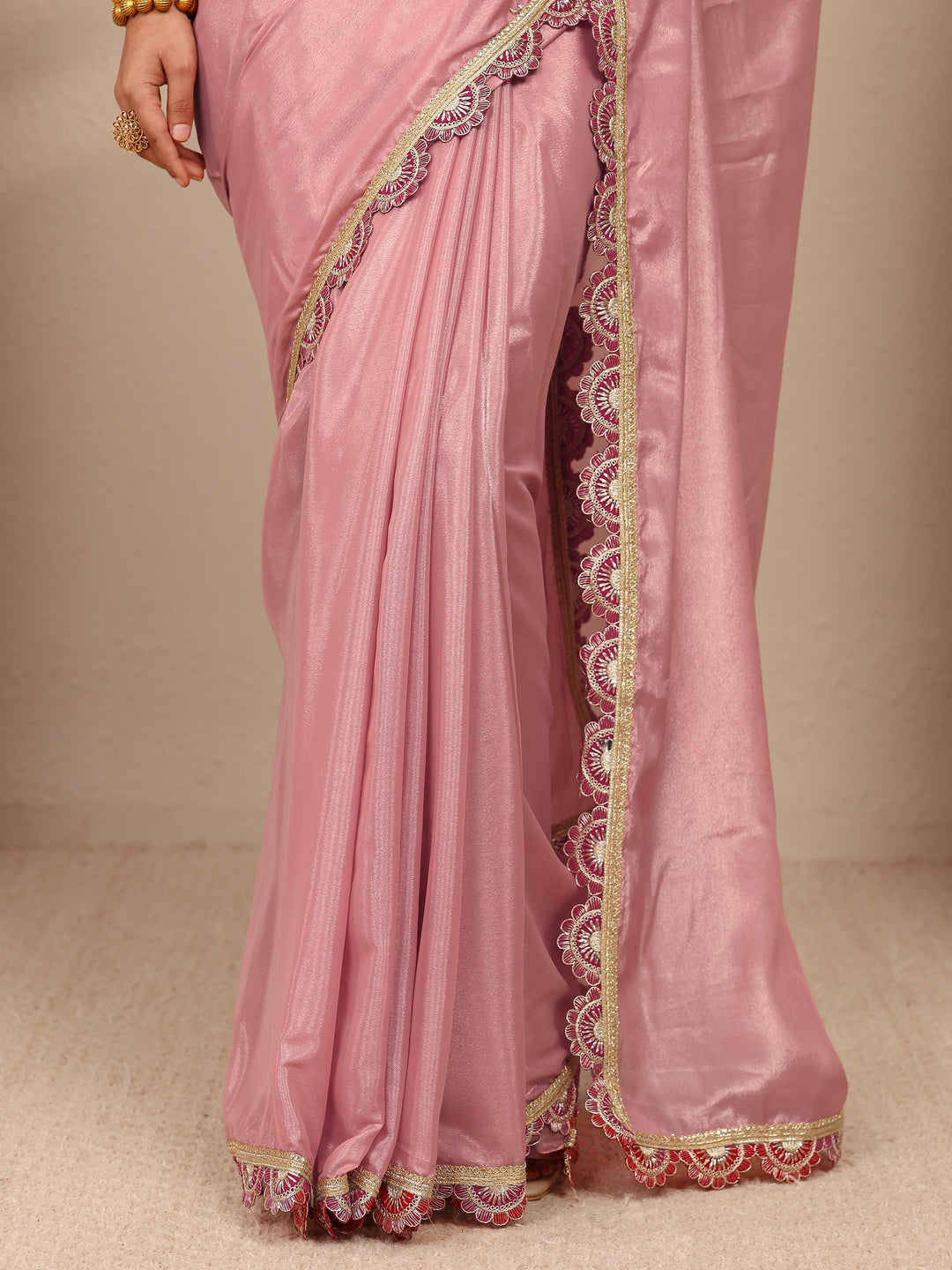  Pink Solid Tissue Saree With Unstitched Blouse Piece 