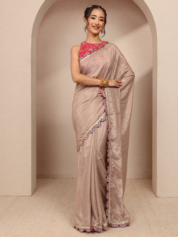 Beige Solid Tissue Saree With Unstitched Blouse Piece