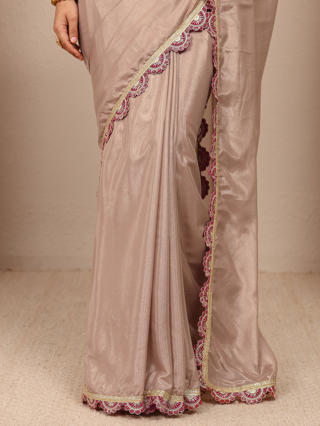  Beige Solid Tissue Saree With Unstitched Blouse Piece 