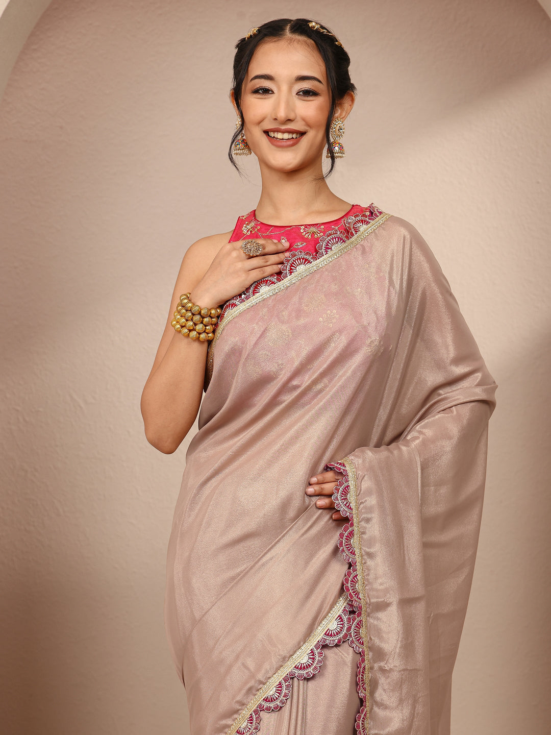  Beige Solid Tissue Saree With Unstitched Blouse Piece 