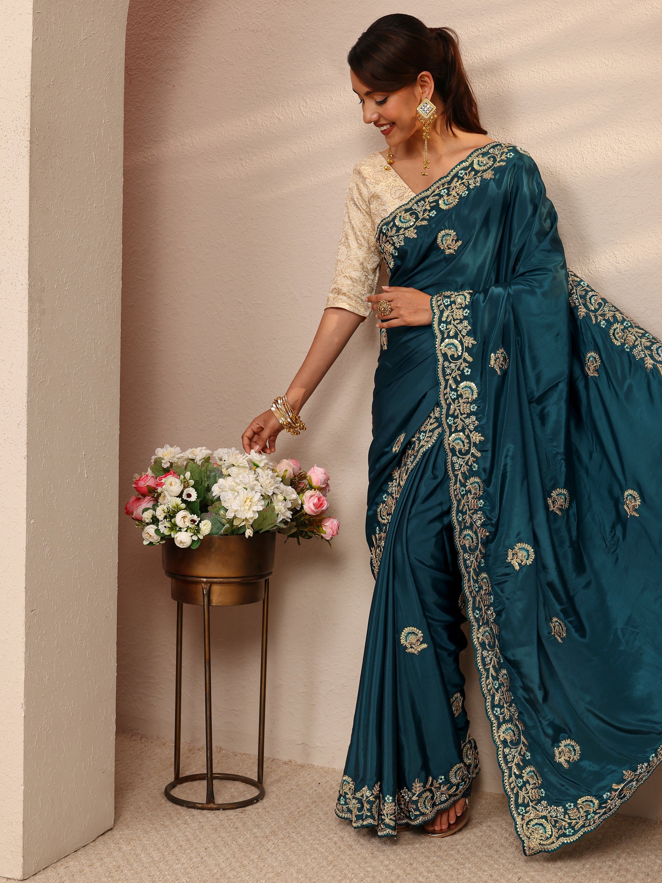 libas Teal Floral Embroidered Satin SareeWith Unstitched Blouse Piece-picture-65