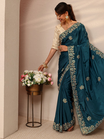 Teal Floral Embroidered Satin Saree
With Unstitched Blouse Piece