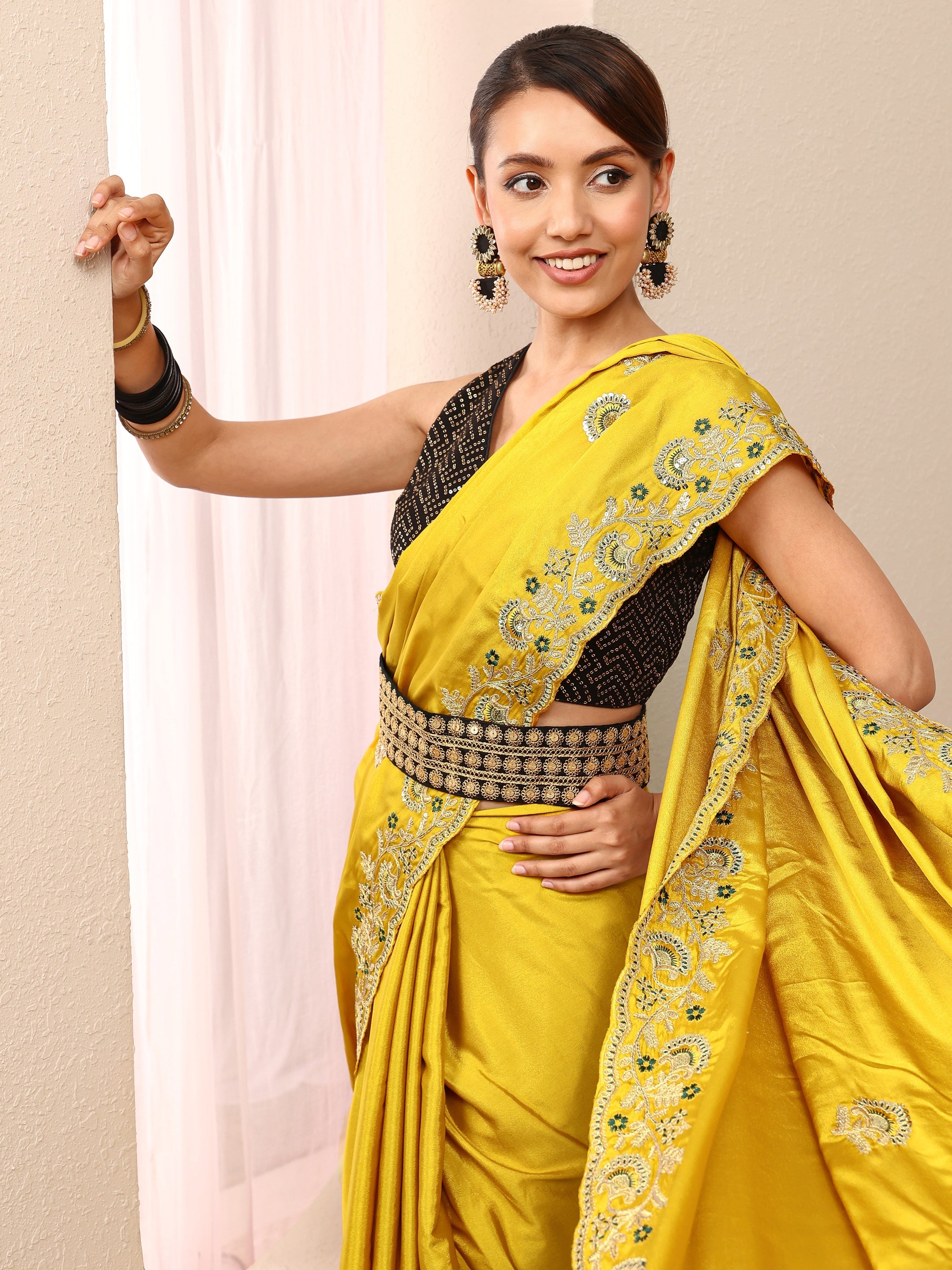 libas Mustard Floral Embroidered Satin SareeWith Unstitched Blouse Piece-picture-29