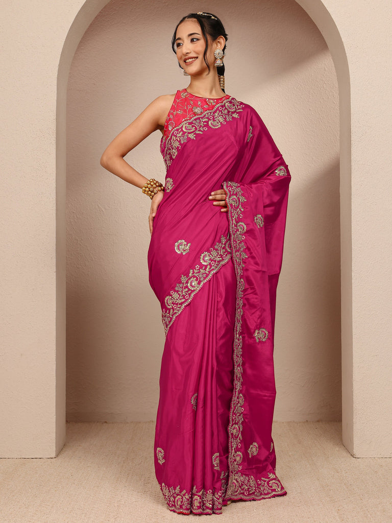 Libas Pink Floral Embellished Satin Saree With Unstitched Blouse Piece