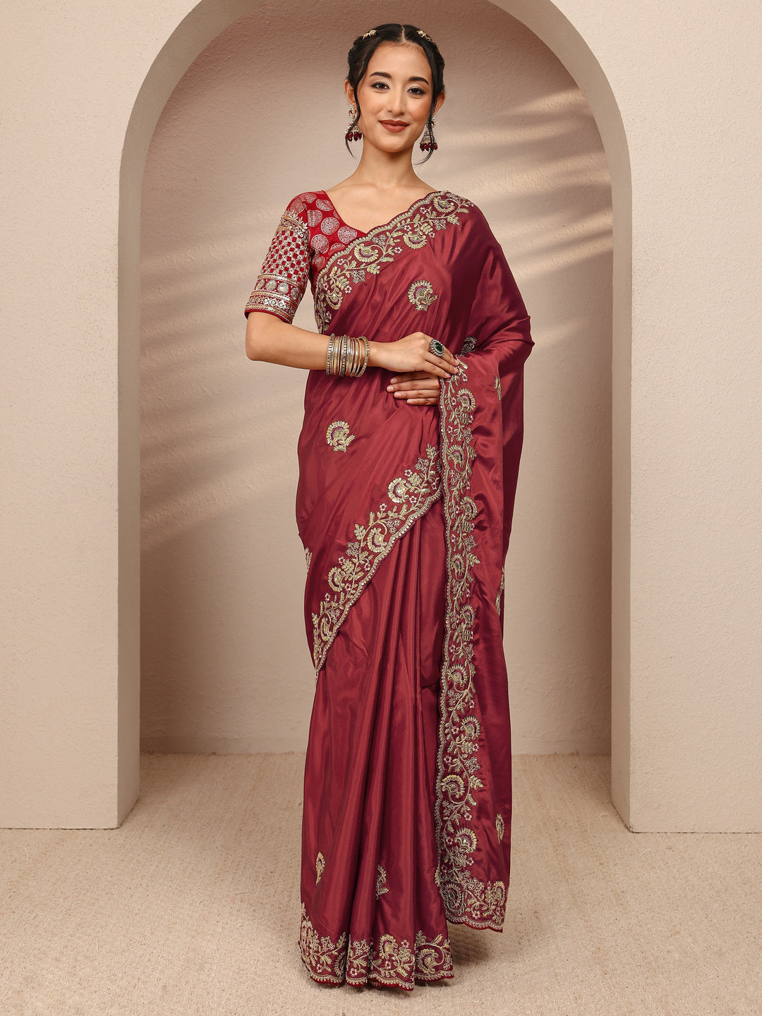  Maroon Floral Embellished Satin Saree With Unstitched Blouse Piece 