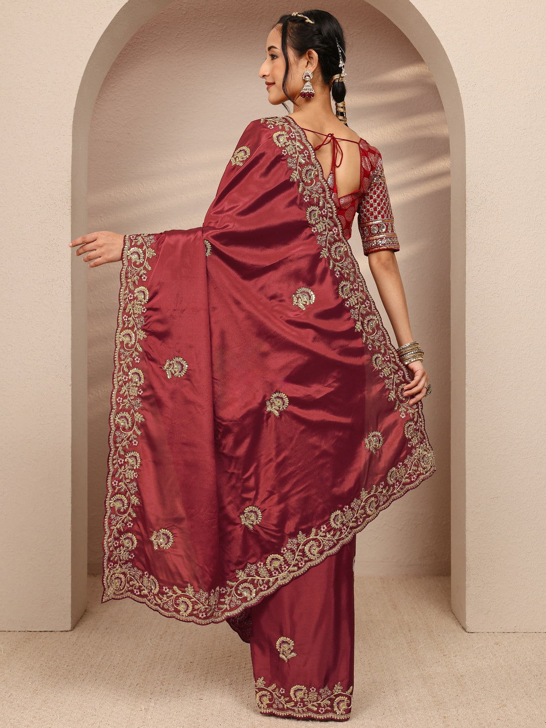  Maroon Floral Embellished Satin Saree With Unstitched Blouse Piece 