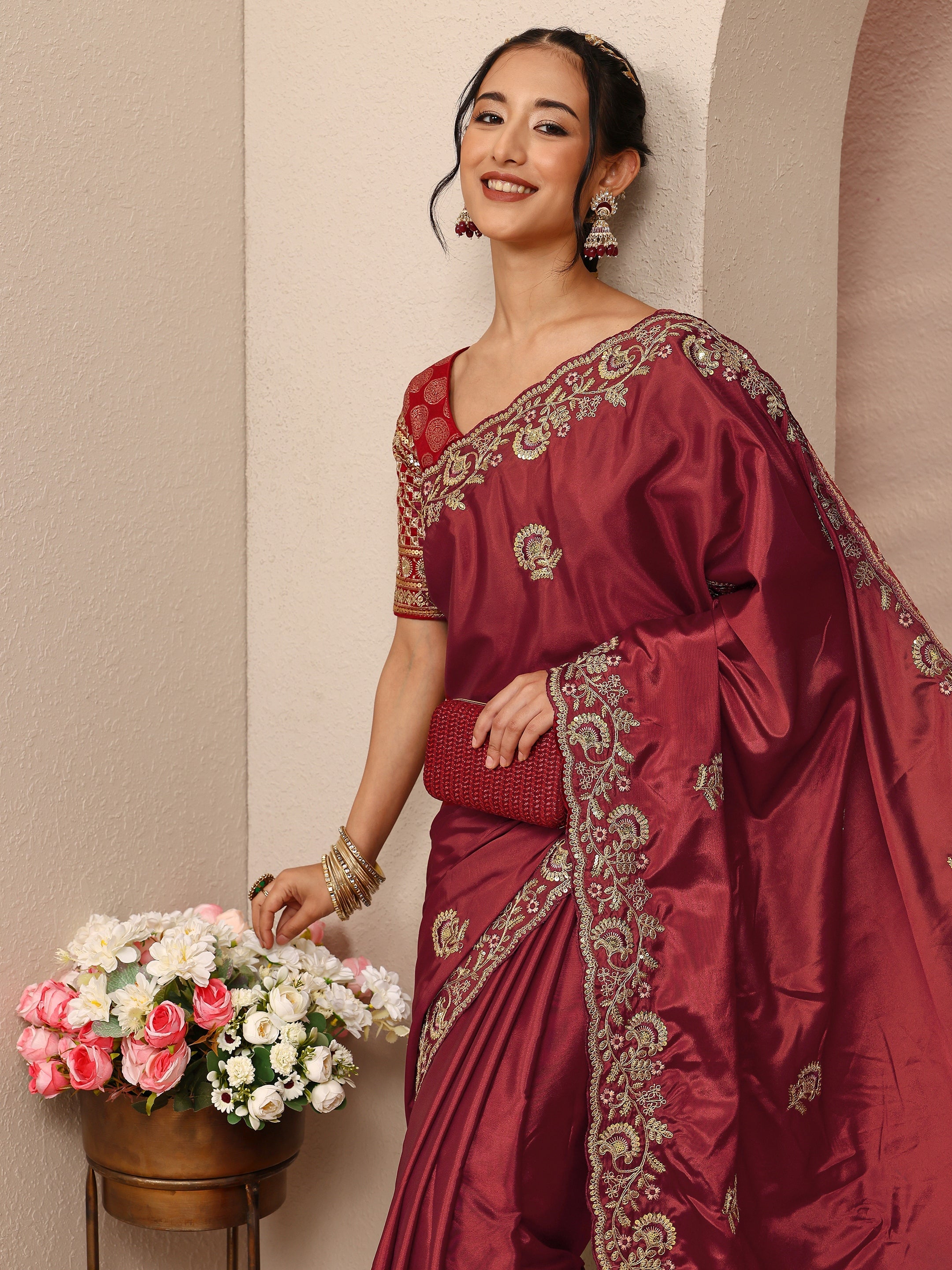 libas Maroon Floral Embellished Satin Saree With Unstitched Blouse Piece-picture-31