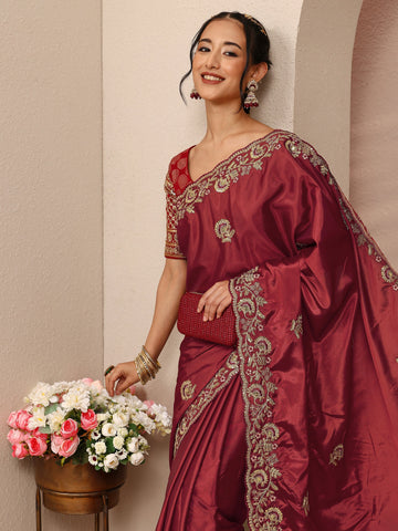 Maroon Floral Embellished Satin Saree With Unstitched Blouse Piece