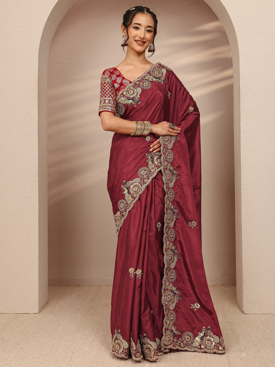  Maroon Solid Satin Saree With Unstitched Blouse Piece 