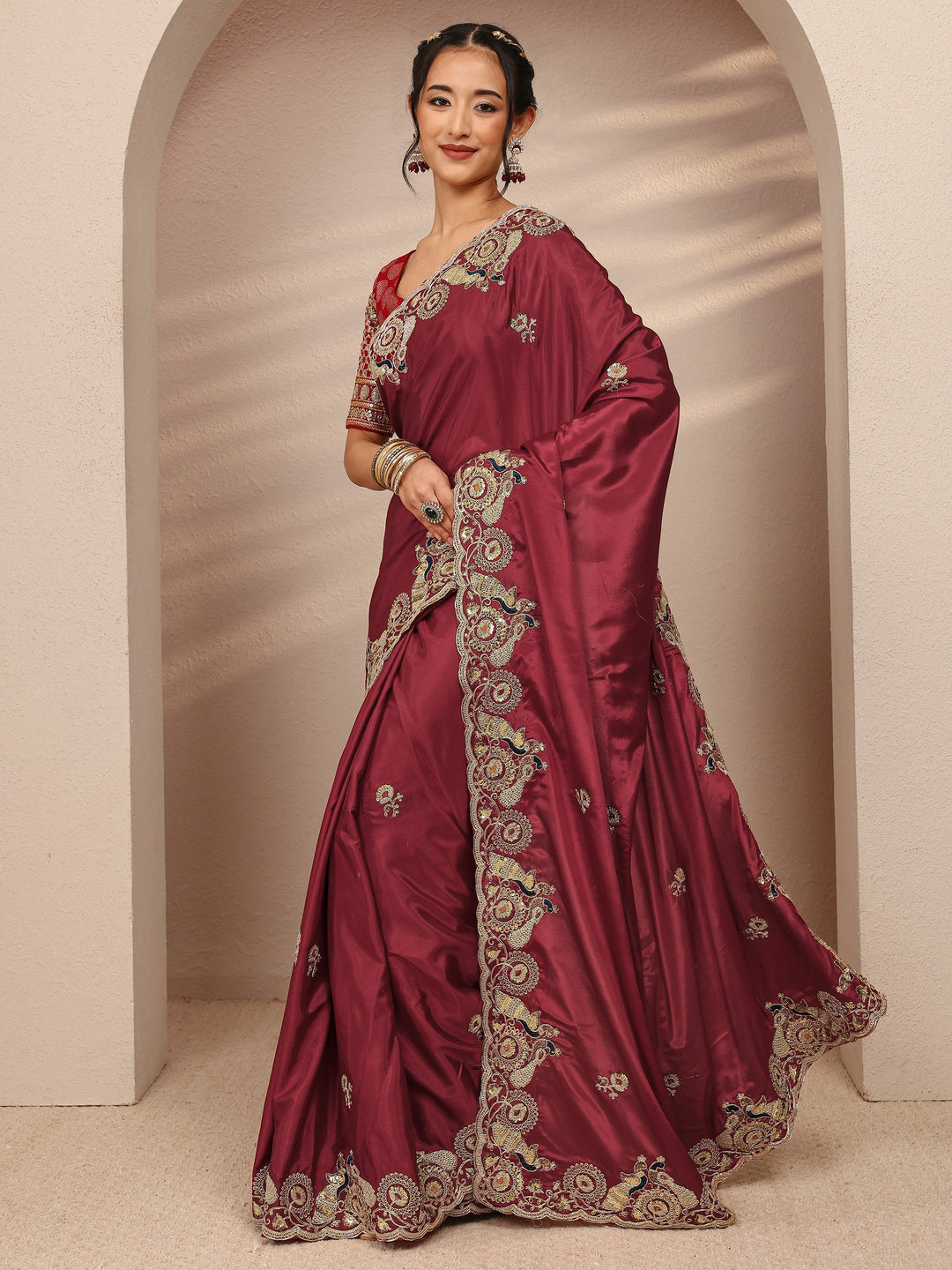  Maroon Solid Satin Saree With Unstitched Blouse Piece 