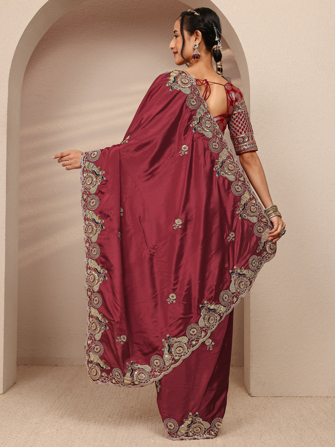  Maroon Solid Satin Saree With Unstitched Blouse Piece 