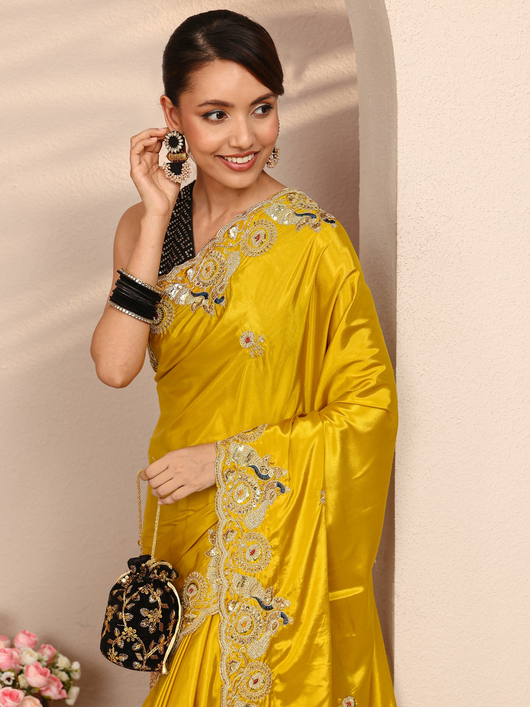 Mustard Floral Embellished Satin Saree
With Unstitched Blouse Piece