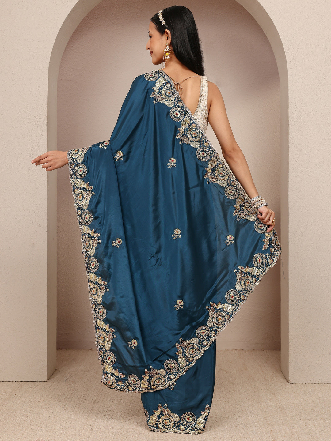  Teal Solid Satin Saree With Unstitched Blouse Piece 