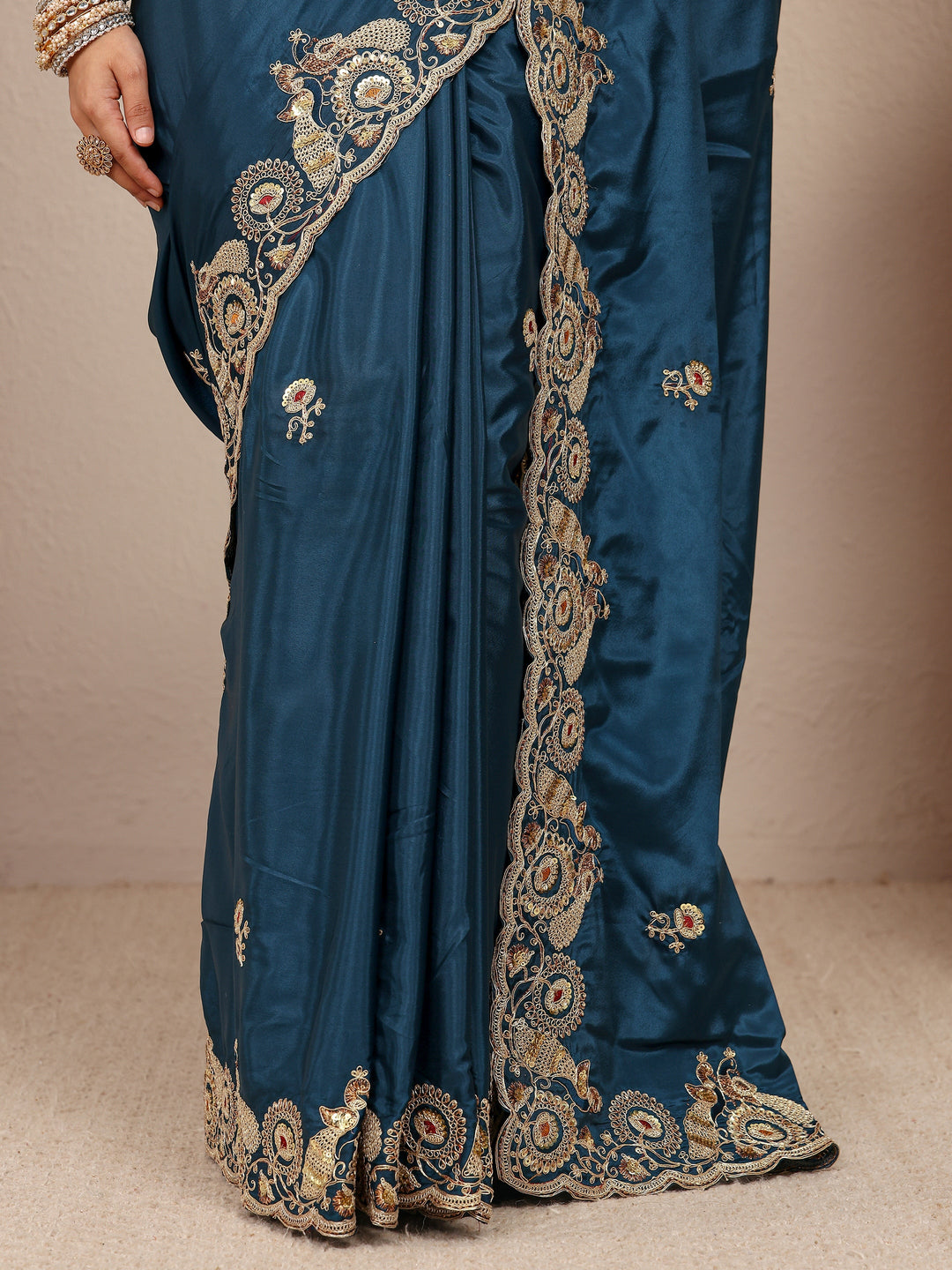  Teal Solid Satin Saree With Unstitched Blouse Piece 