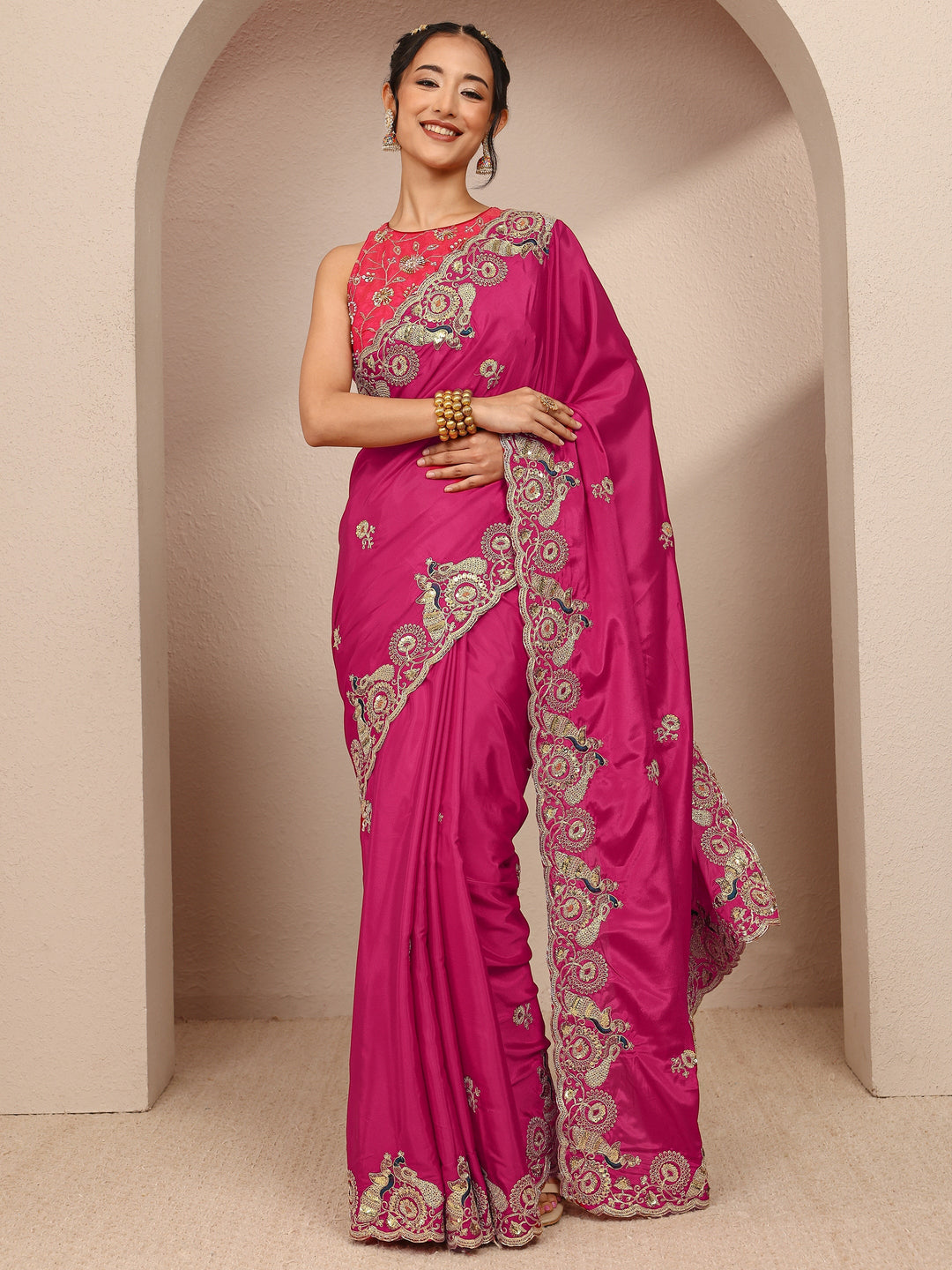  Pink Solid Satin Saree With Unstitched Blouse Piece 