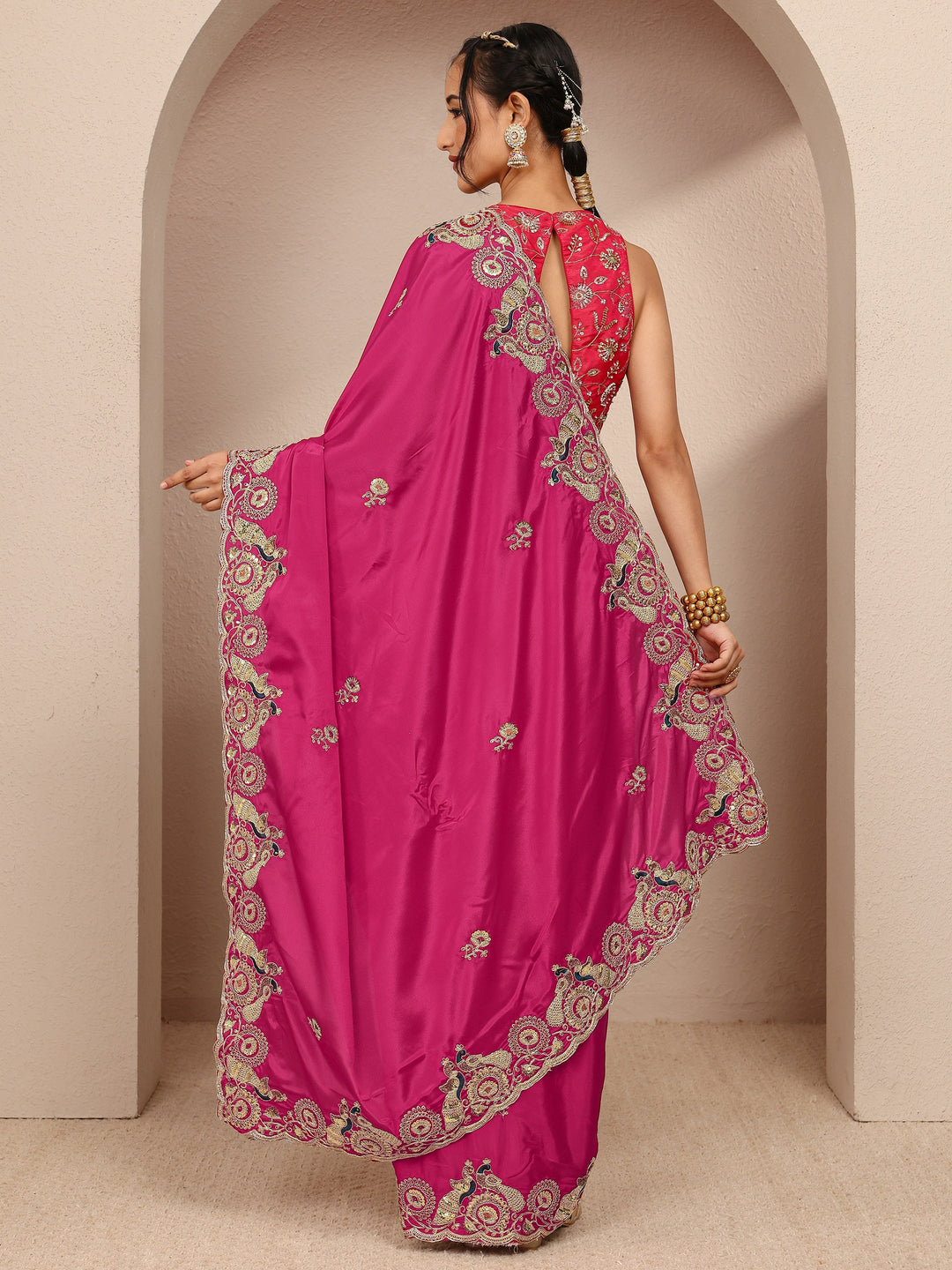  Pink Solid Satin Saree With Unstitched Blouse Piece 
