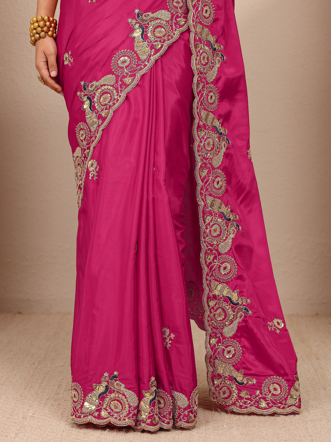  Pink Solid Satin Saree With Unstitched Blouse Piece 