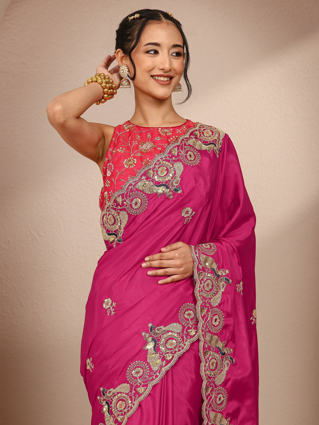  Pink Solid Satin Saree With Unstitched Blouse Piece 