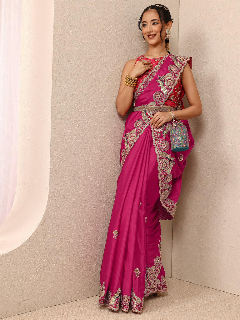 Libas Pink Solid Satin Saree With Unstitched Blouse Piece
