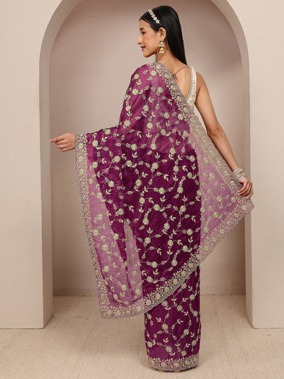 Burgundy Floral Embellished Chiffon Saree With Unstitched Blouse Piece 