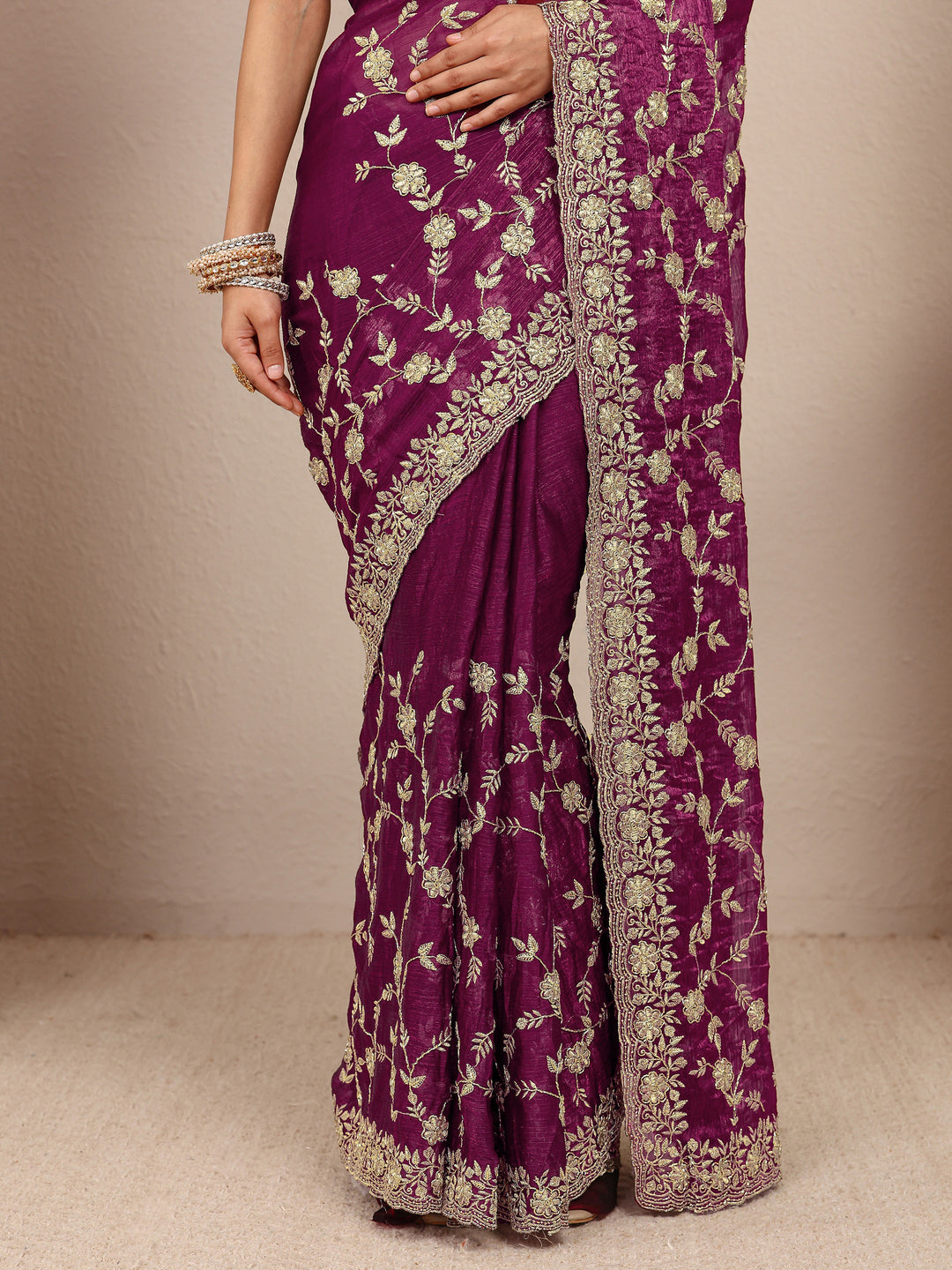  Burgundy Floral Embellished Chiffon Saree With Unstitched Blouse Piece 