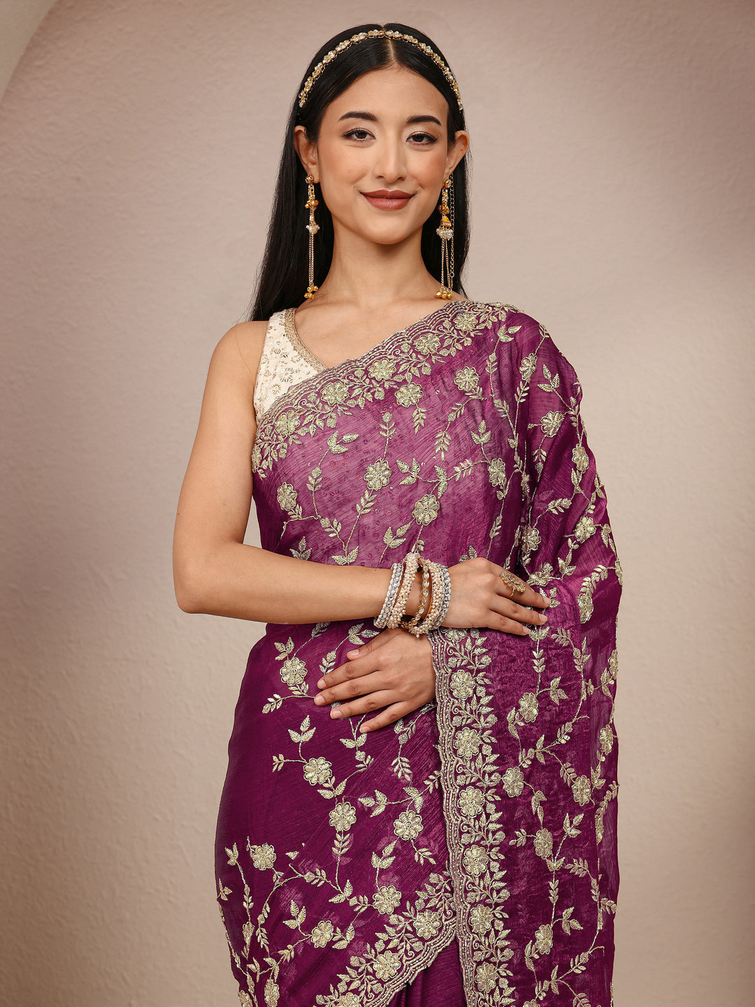  Burgundy Floral Embellished Chiffon Saree With Unstitched Blouse Piece 