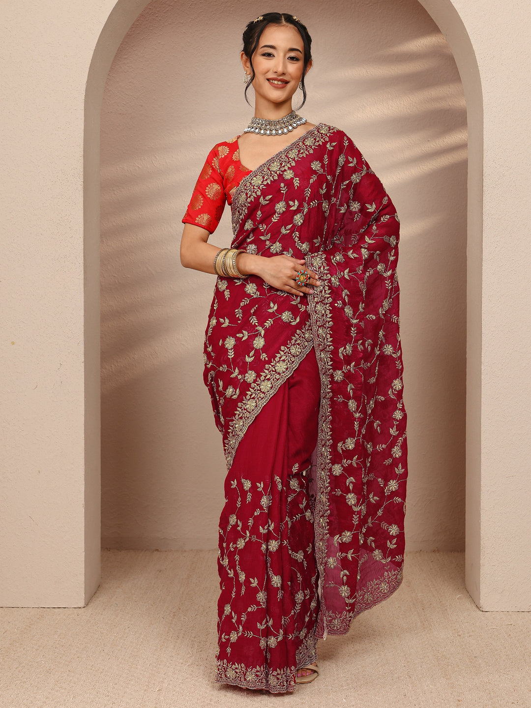 Red Floral Embellished Chiffon Saree With Unstitched Blouse Piece 