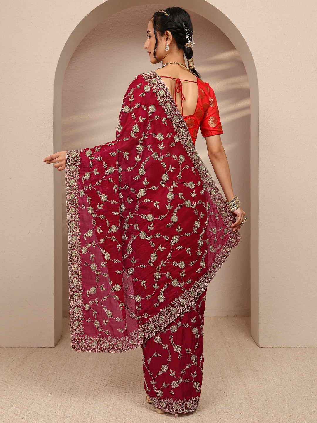  Red Floral Embellished Chiffon Saree With Unstitched Blouse Piece 