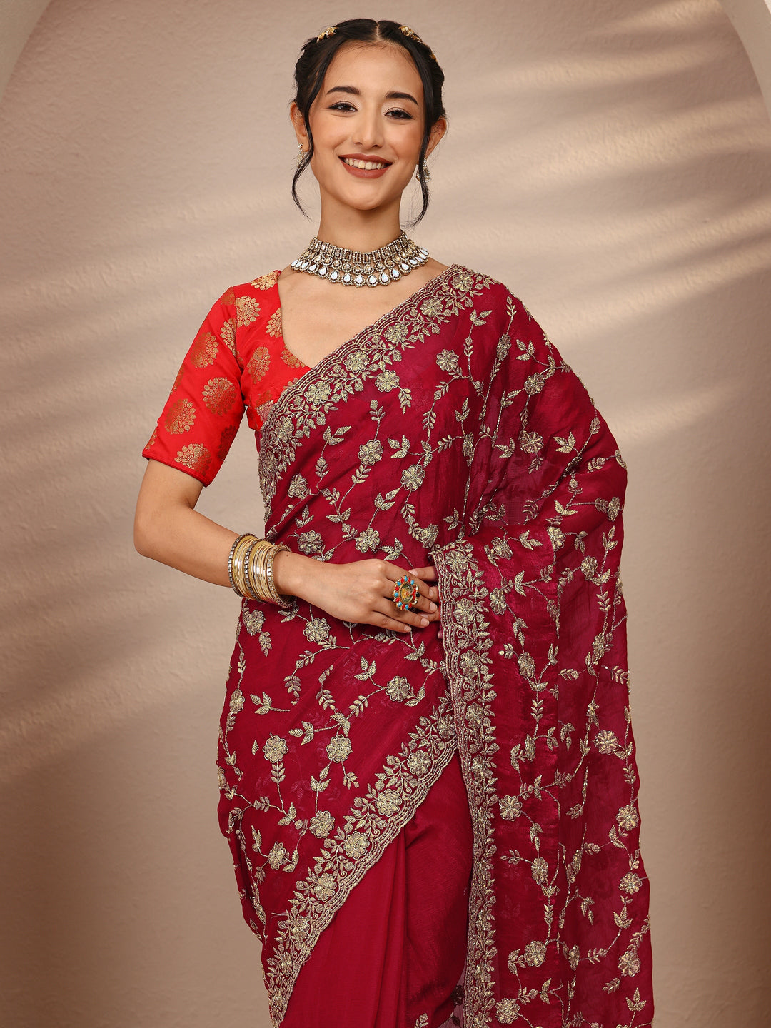 Red Floral Embellished Chiffon Saree With Unstitched Blouse Piece 
