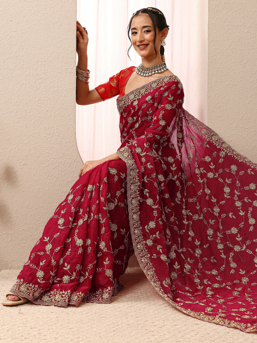  Red Floral Embellished Chiffon Saree With Unstitched Blouse Piece 