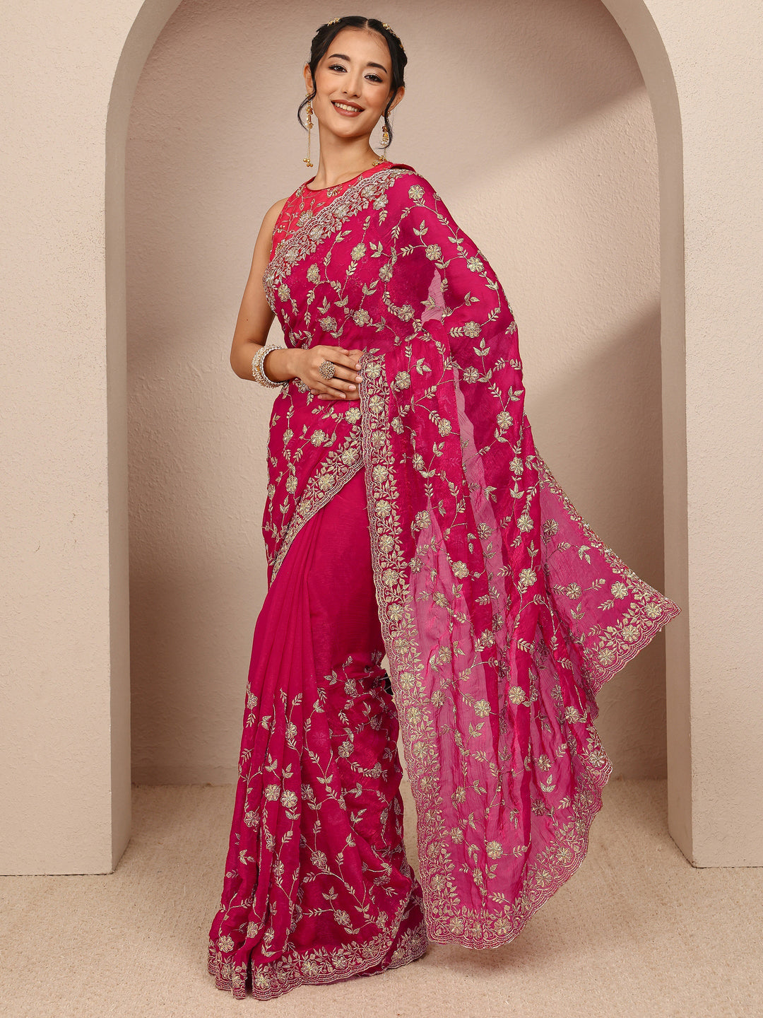  Libas Pink Floral Embellished Chiffon Saree With Unstitched Blouse Piece 