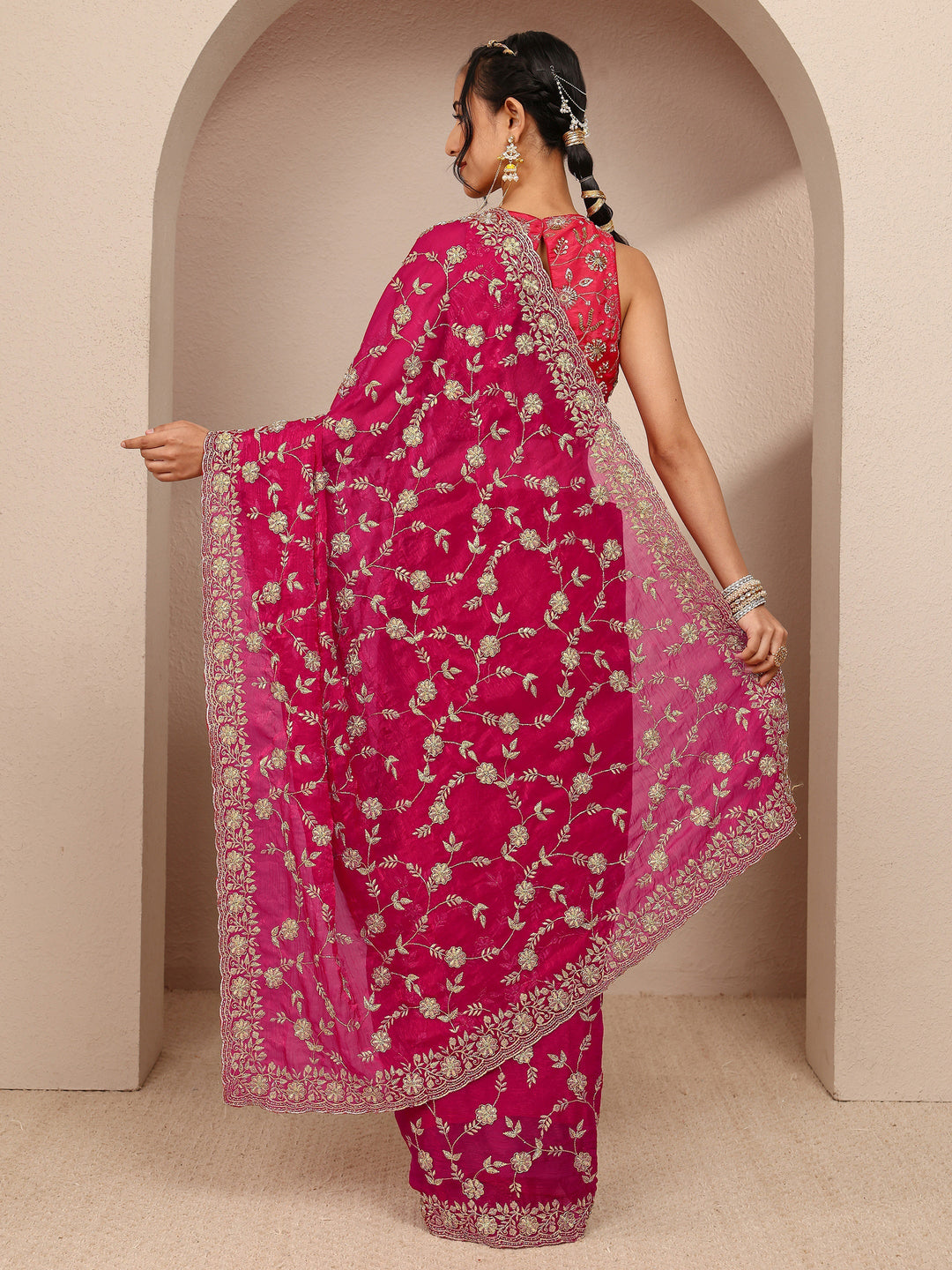  Libas Pink Floral Embellished Chiffon Saree With Unstitched Blouse Piece 