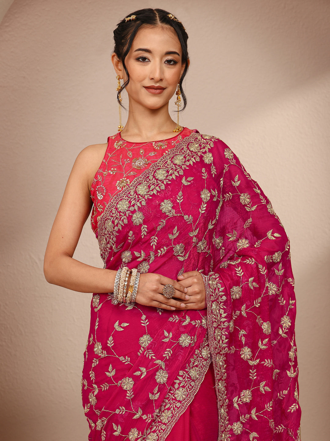  Libas Pink Floral Embellished Chiffon Saree With Unstitched Blouse Piece 