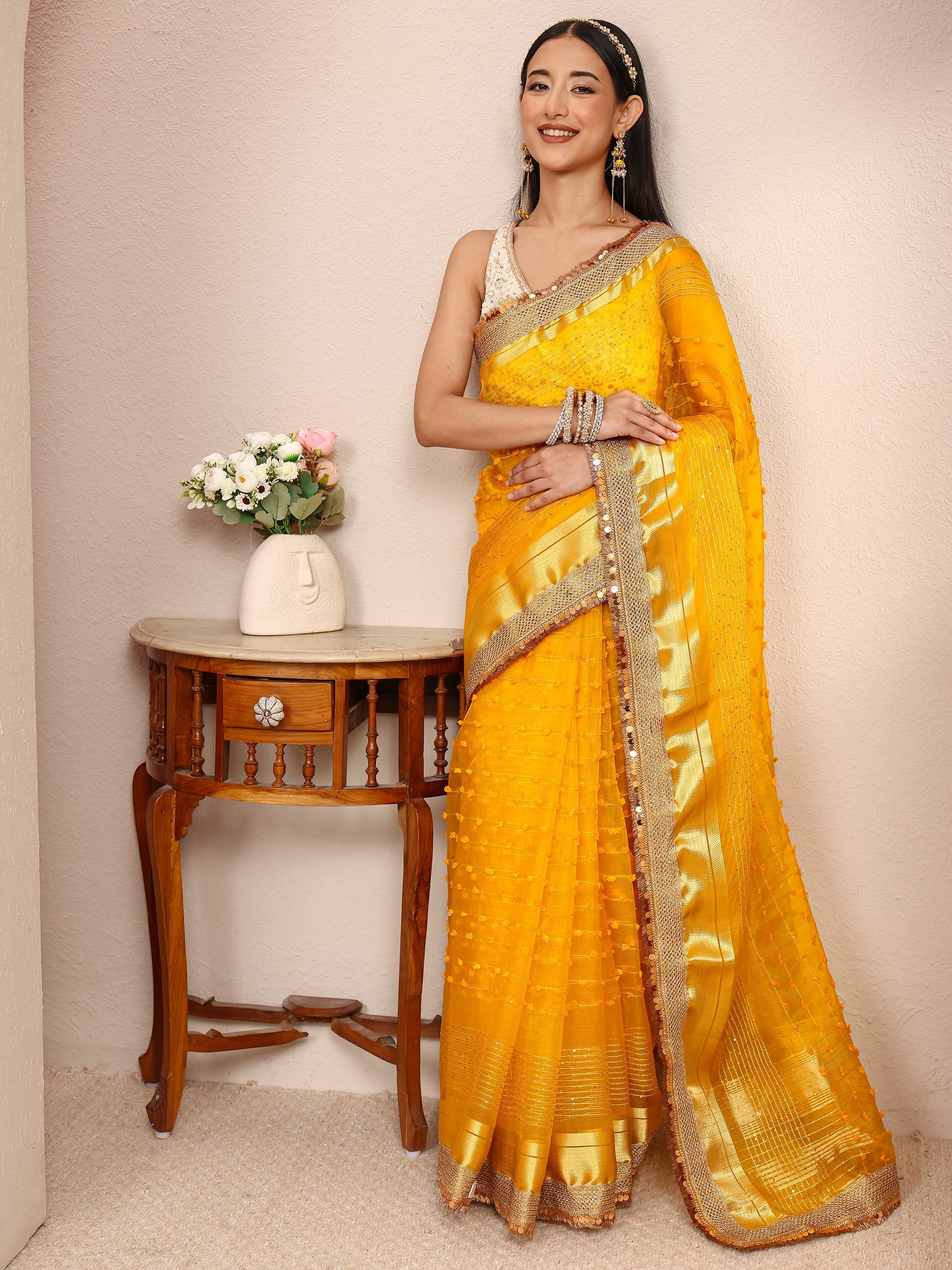 libas Mustard Woven Design Chanderi Silk Saree With Unstitched Blouse Piece-picture-44