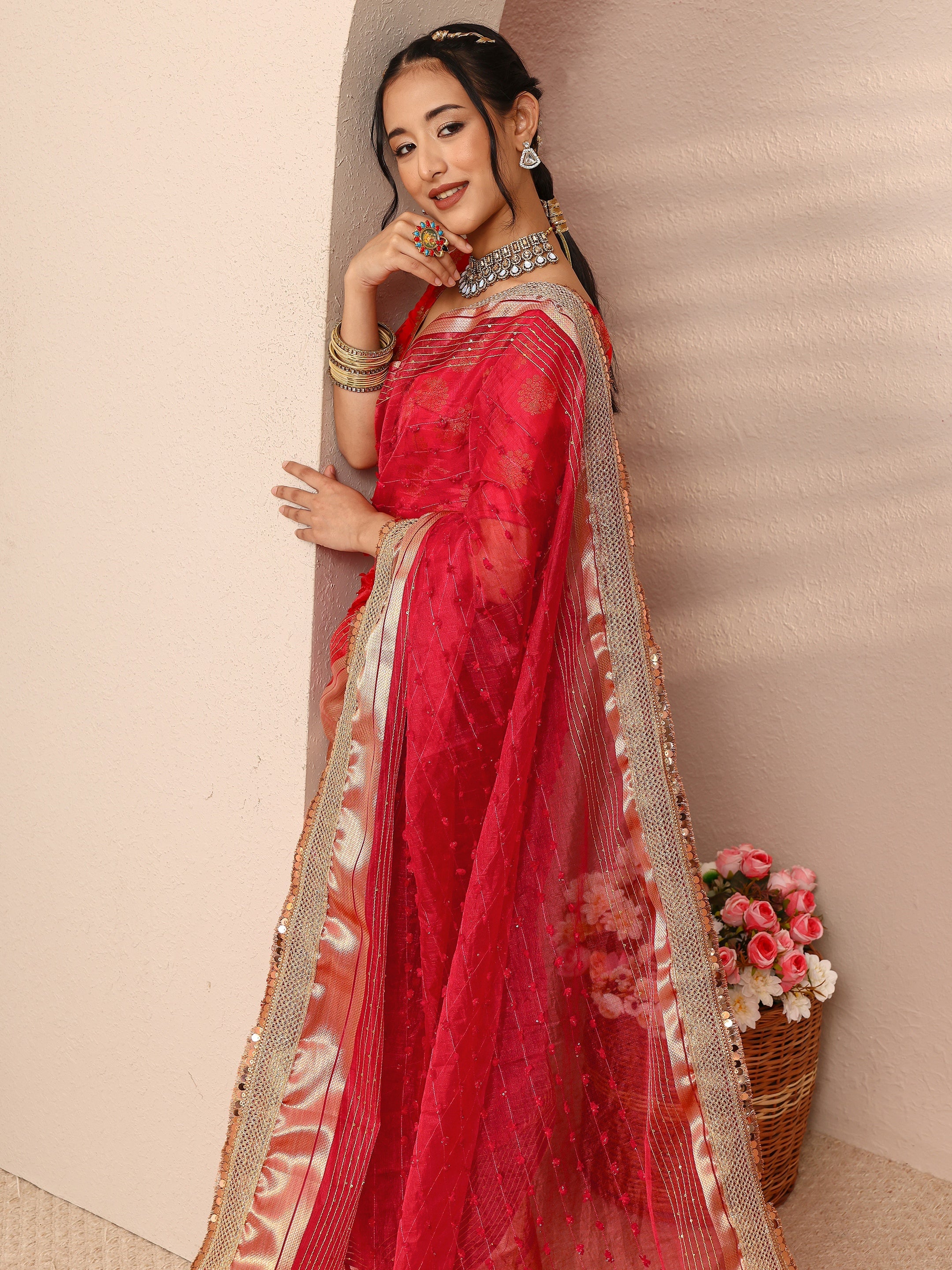 libas Red Woven Design Chanderi Silk Saree With Unstitched Blouse Piece-picture-42