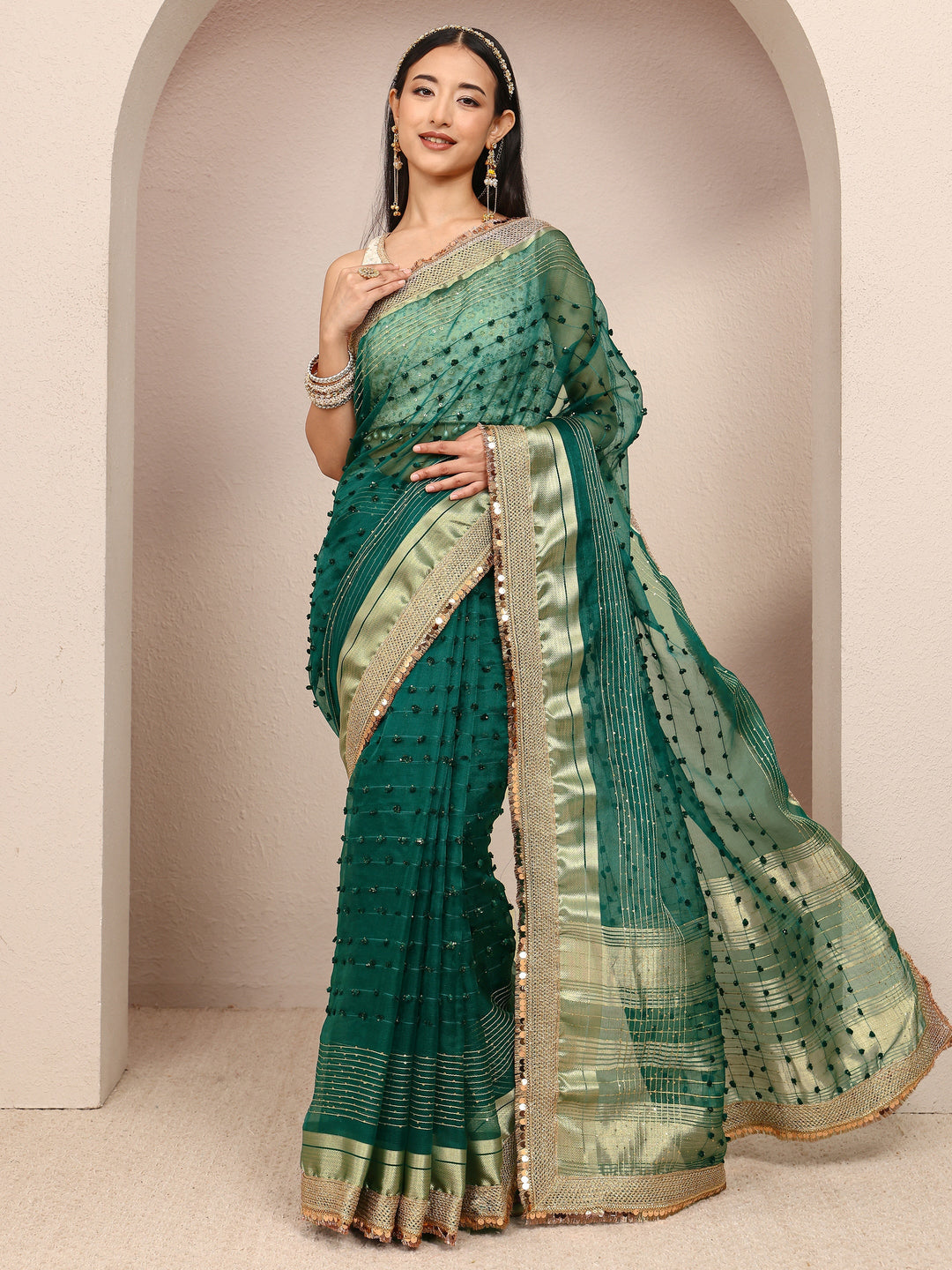  Green Woven Design Chanderi Silk Saree With Unstitched Blouse Piece 
